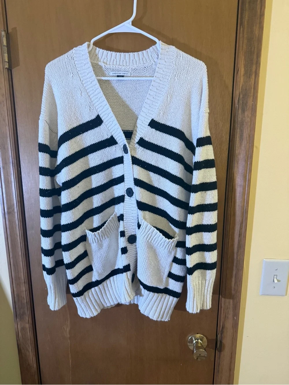 Striped V-Neck Button Front Cardigan Sweater - Cream & Black American Eagle
