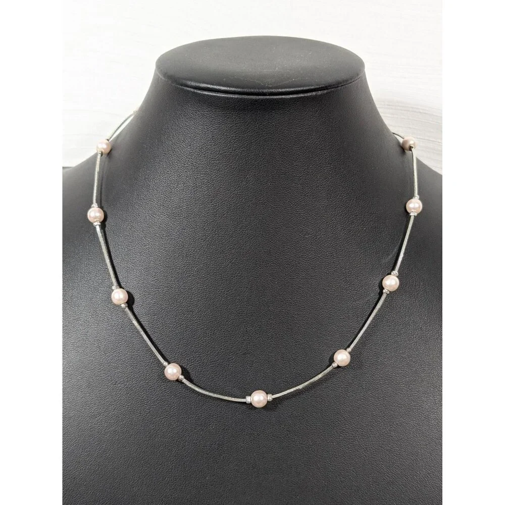 Silver Tone Faux Pearl Station Chain‎ Necklace Elegant Bridal Classic 19