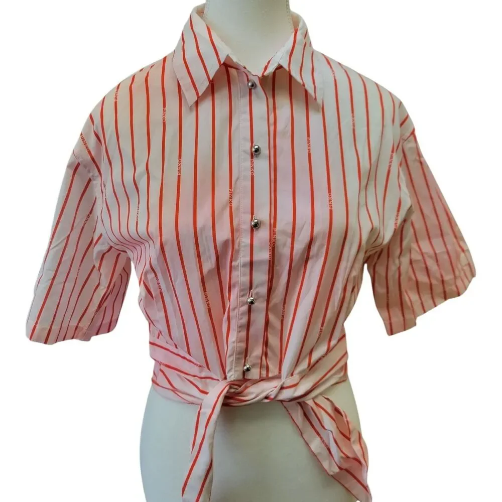 PINKO Pink Red Striped Cotton Collared Short Sleeve Button-Up Tie Front Lux 6