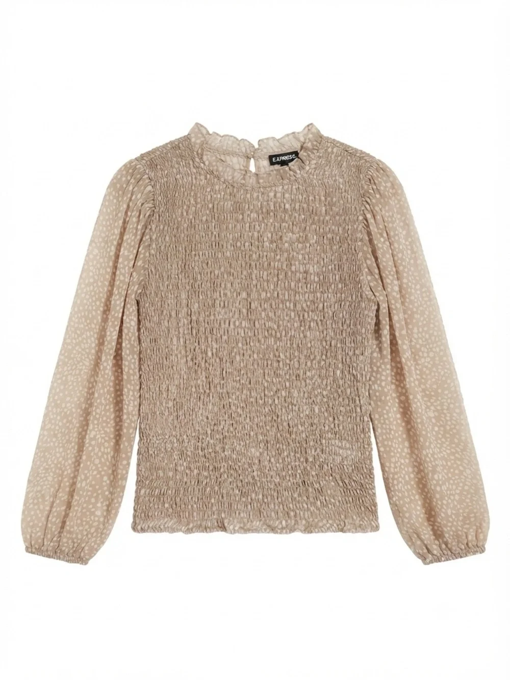 Express Beige Smocked Blouse with Sheer Dotted Sleeves