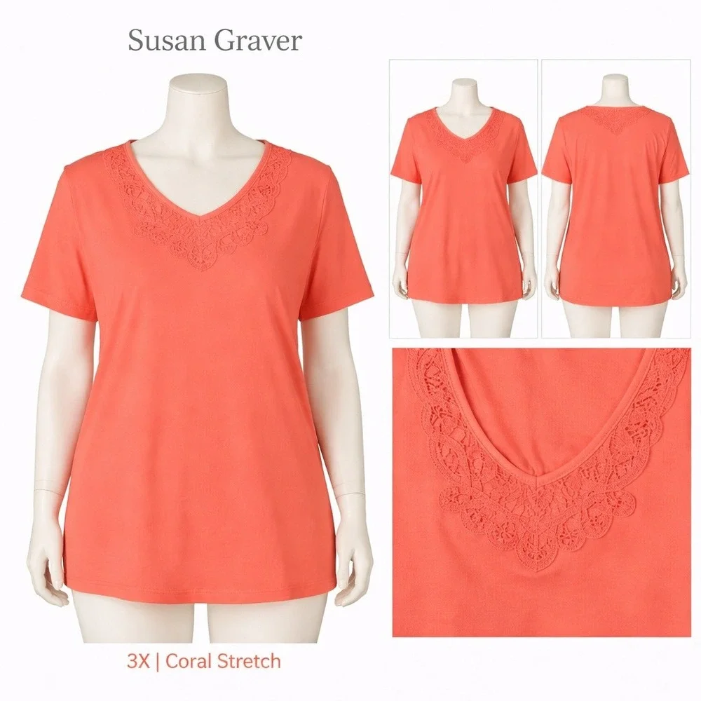 Susan Graver Womens 3X Battenburg Lace Trimmed‎ T Shirt Stretch Coral A70675/62
