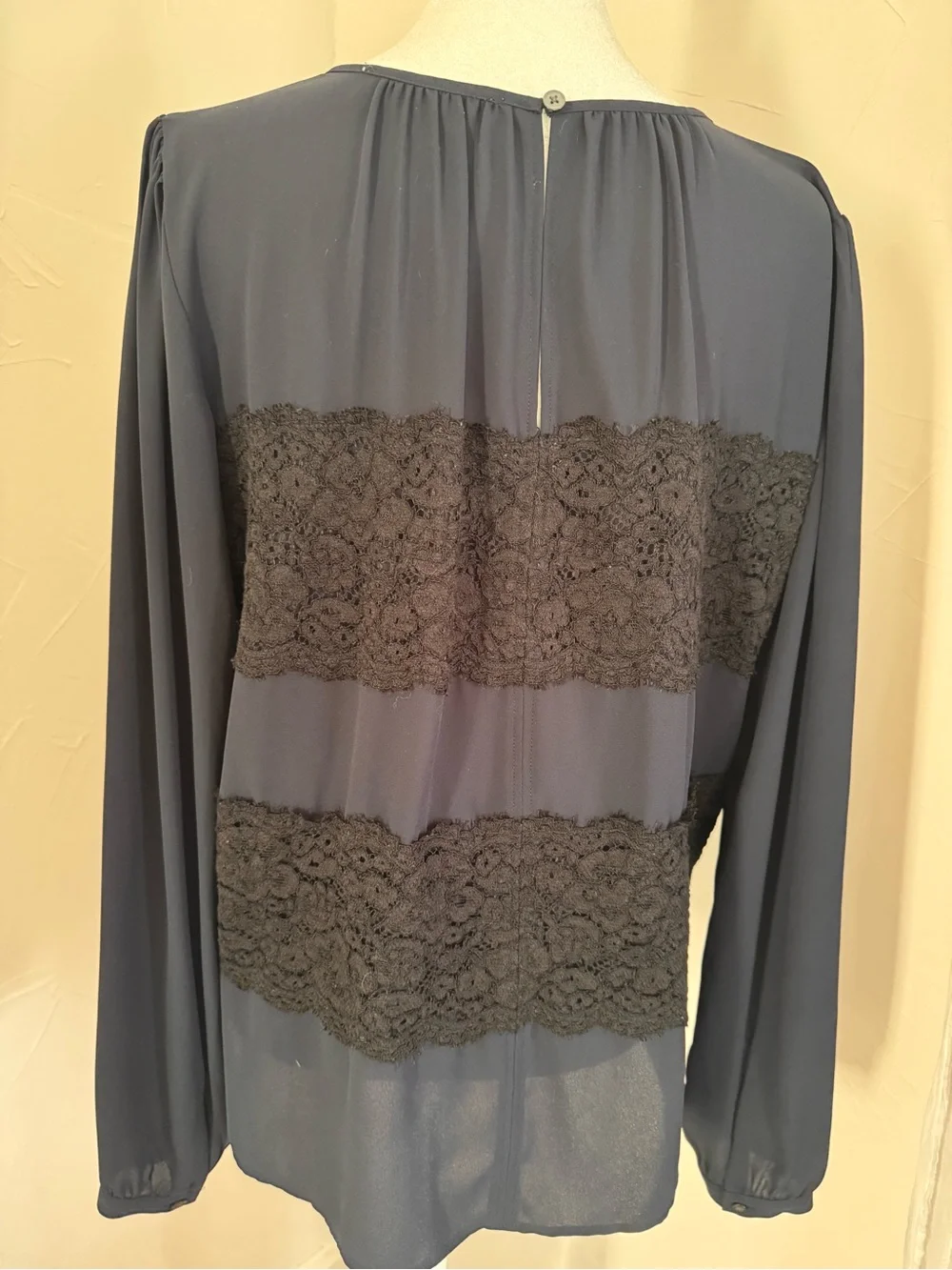 Navy Long Sleeve Blouse with Black Lace Panels