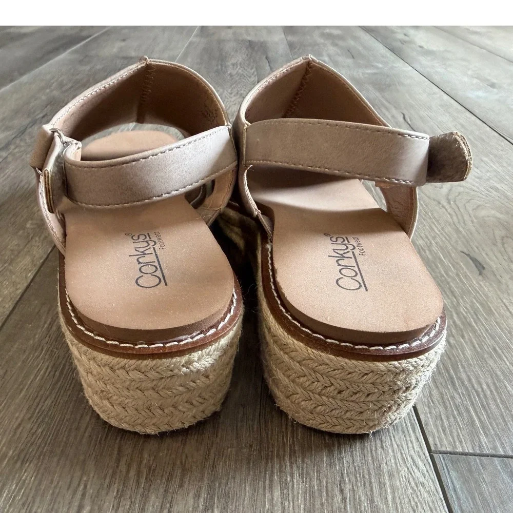 Corkys Ready Or‎ Not Tan Espadrille Wedge Sandals 9 Slingback Platform NWOT