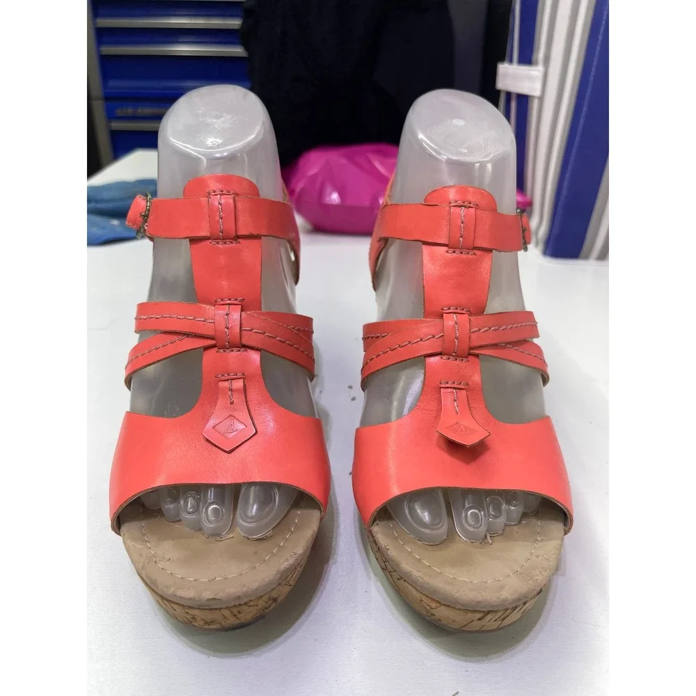 Sperry Top-Sider Womens Coral Leather Cork Wedge Sandals STS95086 Size 8.5M