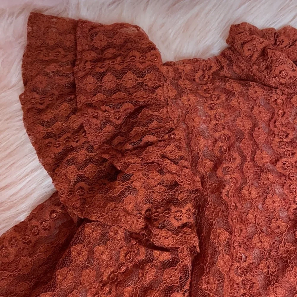 New Trendy Brick Color Sheer Crochet Mock Neck Long Sleeve Blouse