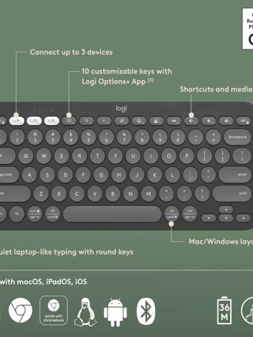 Logitech K380 Multi-Device Bluetooth Wireless Keyboard with Customizable Shortcu