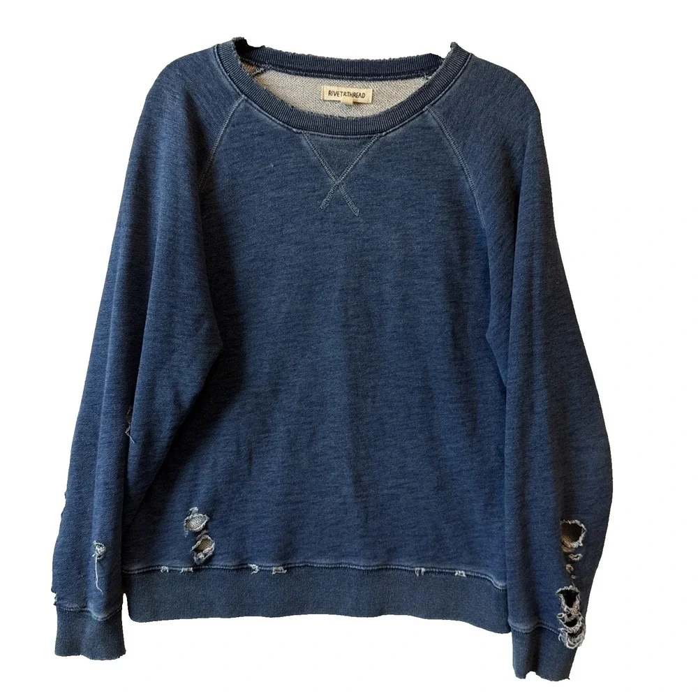 Rivet & Thread J Crew Distressed Thrashed Ripped Indigo Blue Sweatshirt M Grunge