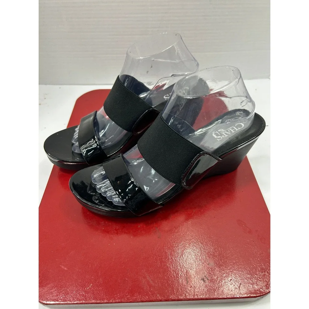 Chaps Patent Wedge Sandals 9.5B Black Elastic Strap Rhoda Office Classic Chic