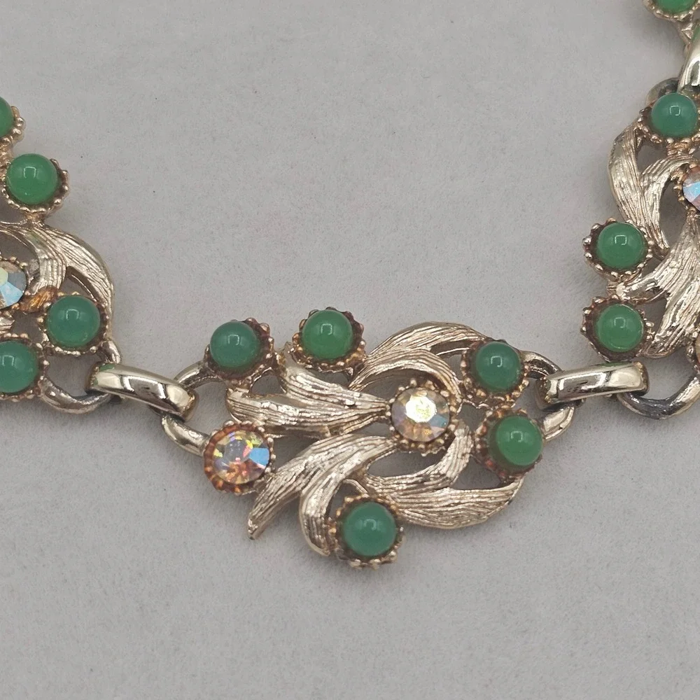 Vintage Necklace Gold Tone Green with Aurora Borealis Rhinestones