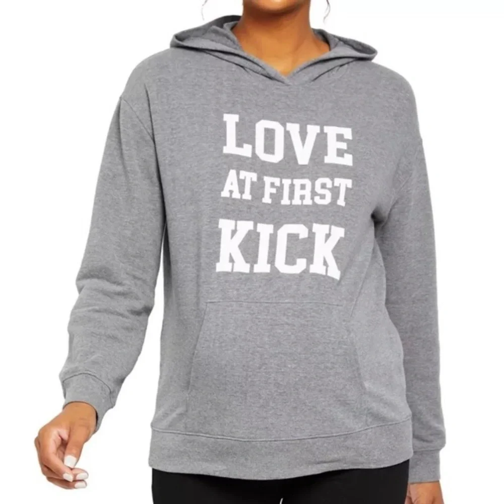 Motherhood Maternity Women’s Gray Hoodie ‘Love At First Kick’