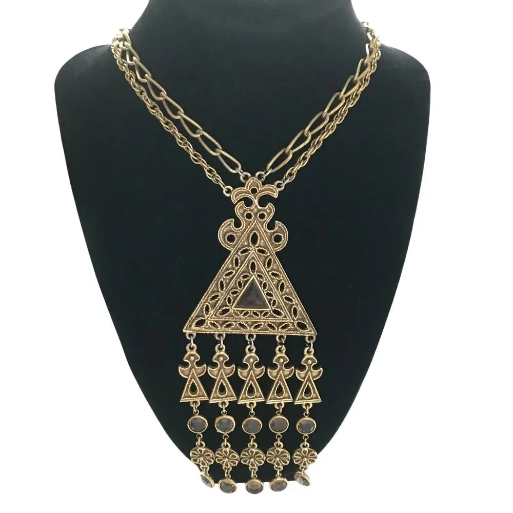 Vintage Goldette Gold Tone Triangle Filigree Pendant Egyptian Victorian Revival