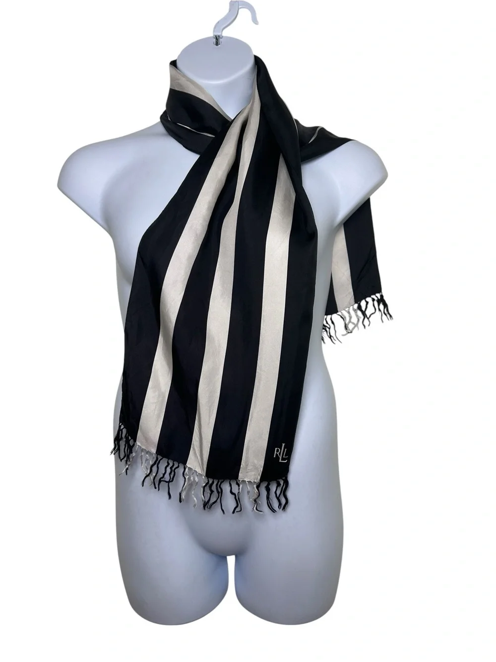 Lauren Ralph Lauren black white striped silk scarf old money preppy scarf tie