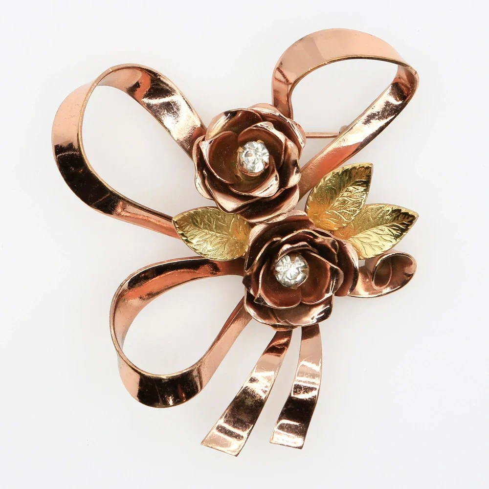 Vintage Coro Rose Gold Tone Floral Bow Brooch Bracelet Demi Parure Set 1940s