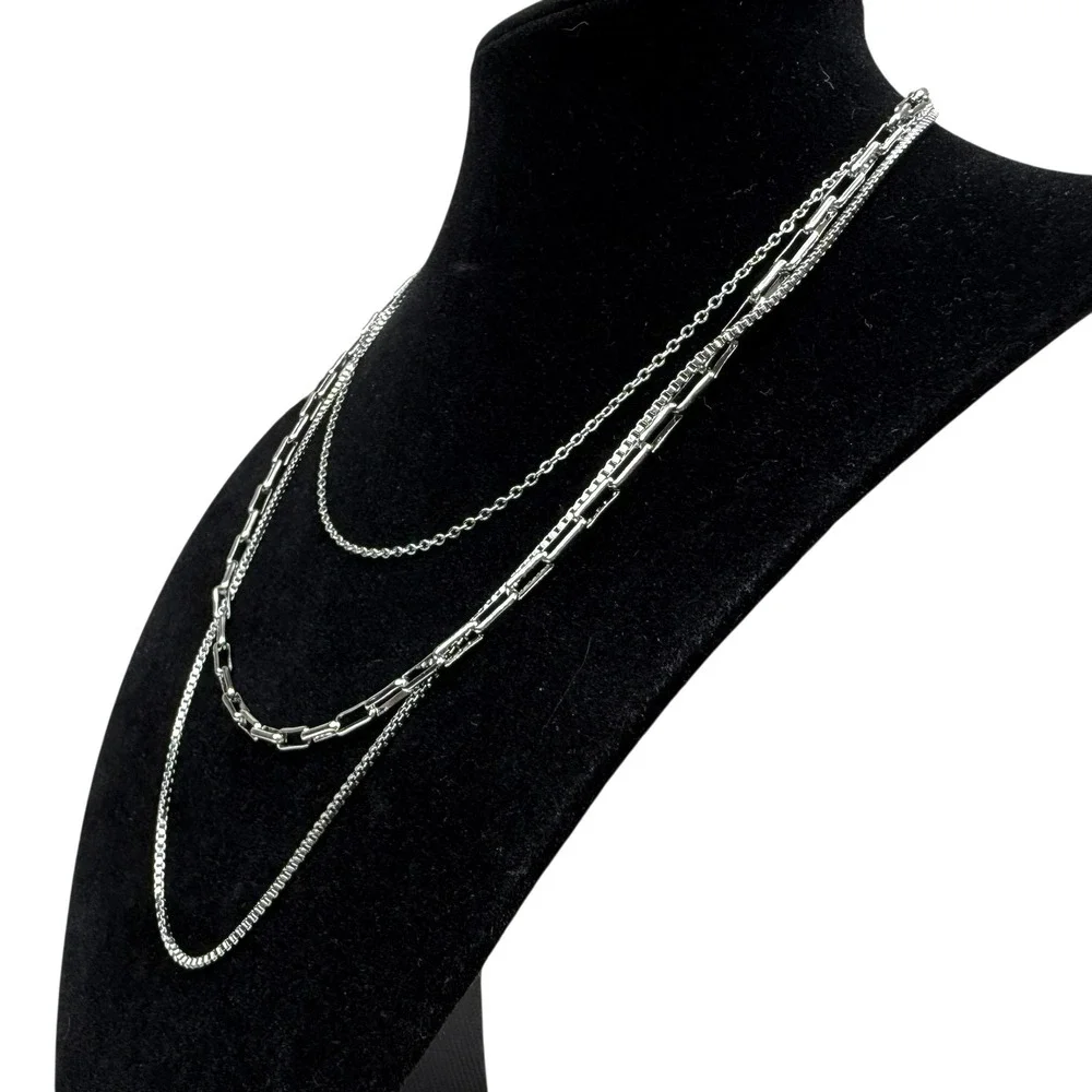S Steel Layered Silver Tone Necklace Set Multi-Chain Paperclip Box Cable 14 in