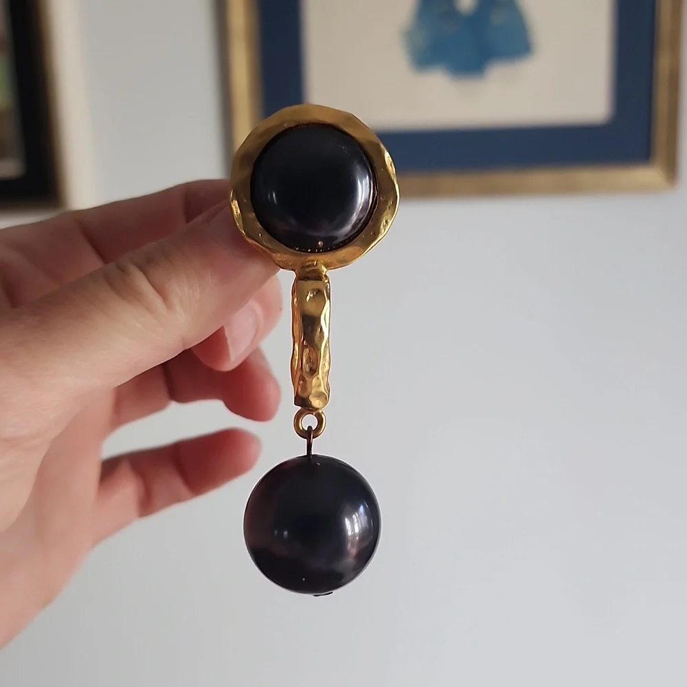 Les Bernard Dangling Black and Gold Statement Earrings