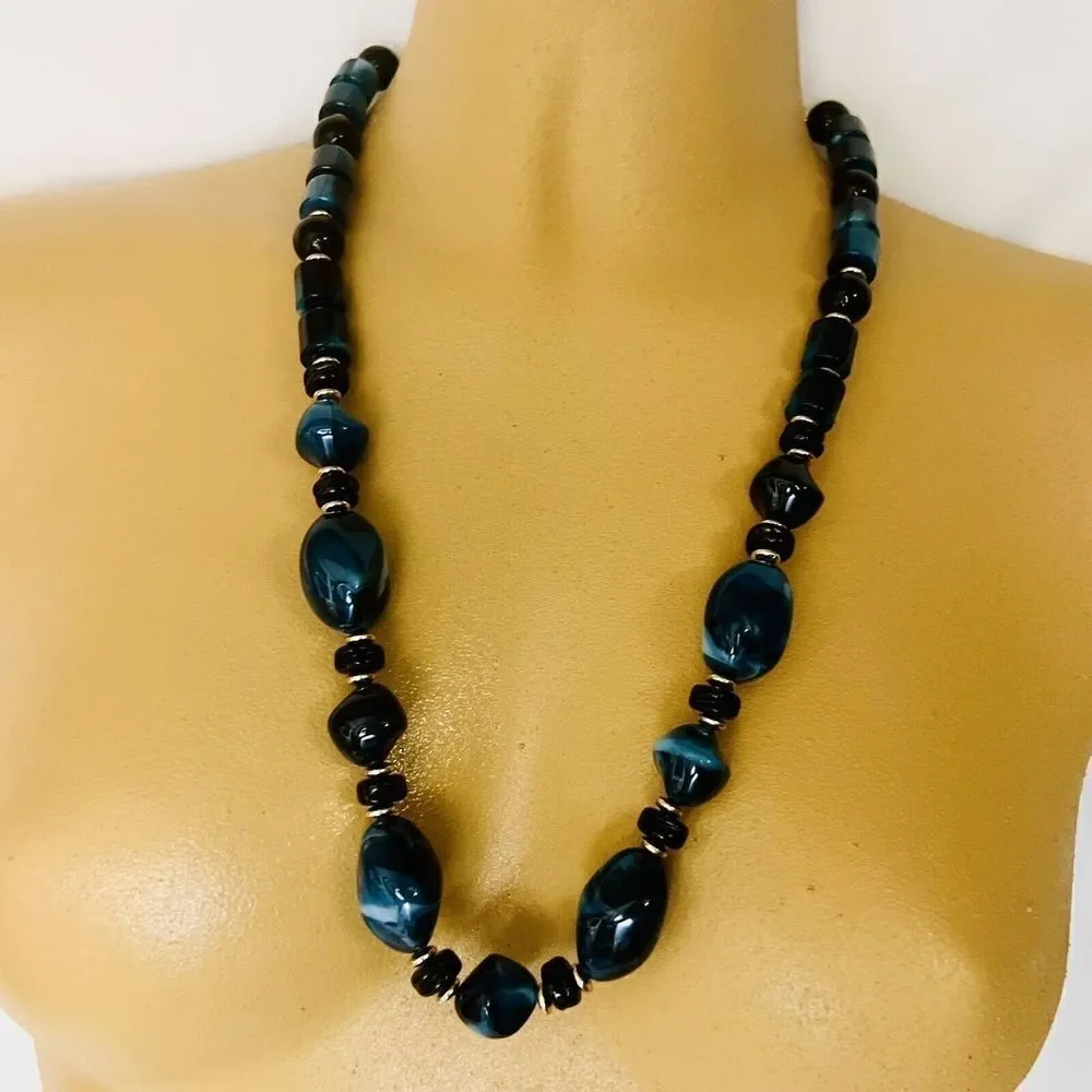 Vintage Lucite Necklace Black Blue  Marbled Chunky Beads Gold Swirl BEAUTIFUL