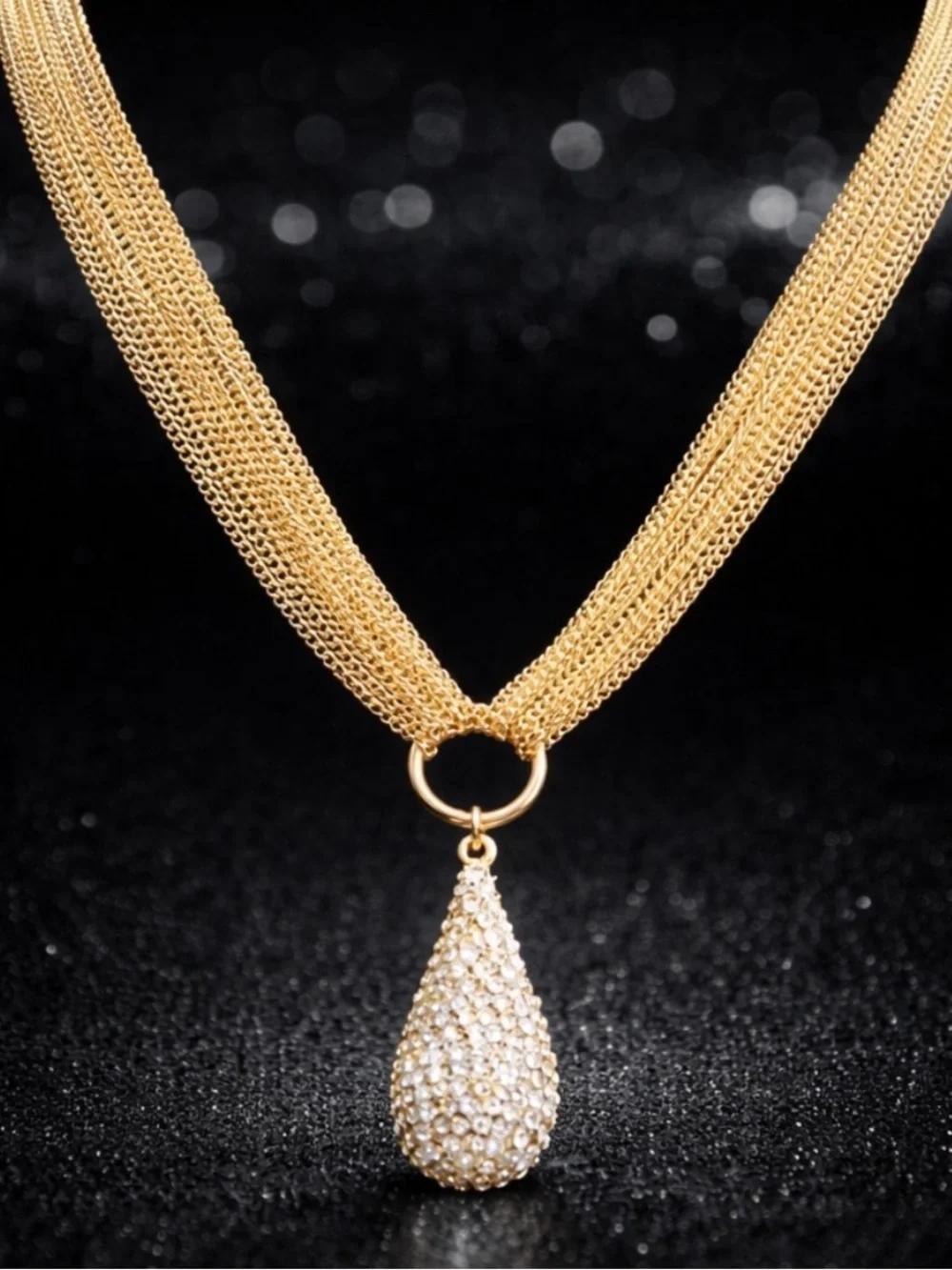 Micro Pave Set Crystal cz PEAR Tear Drop Dangle Chain statement Necklace Gold