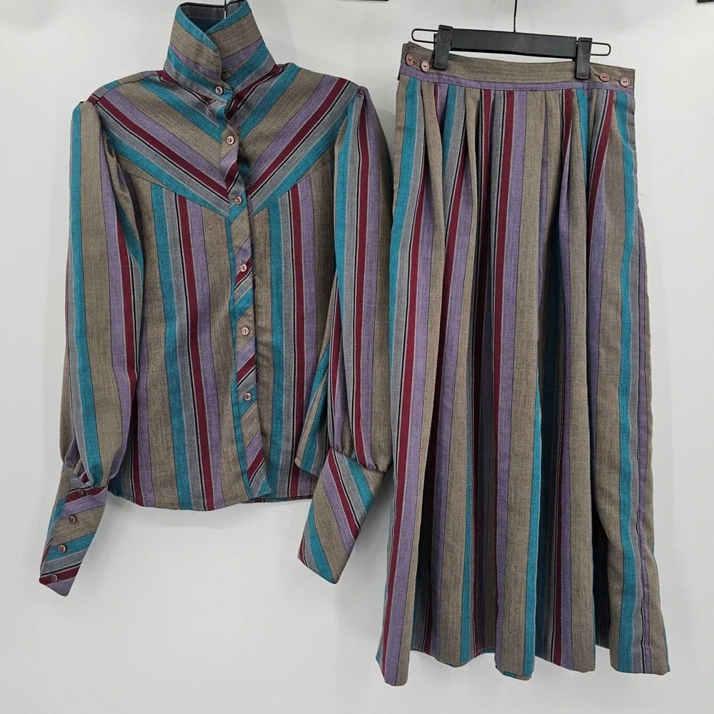 Vintage Western Sophisticates Pendleton Striped Pleated Skirt‎ Set Blouse 13/14