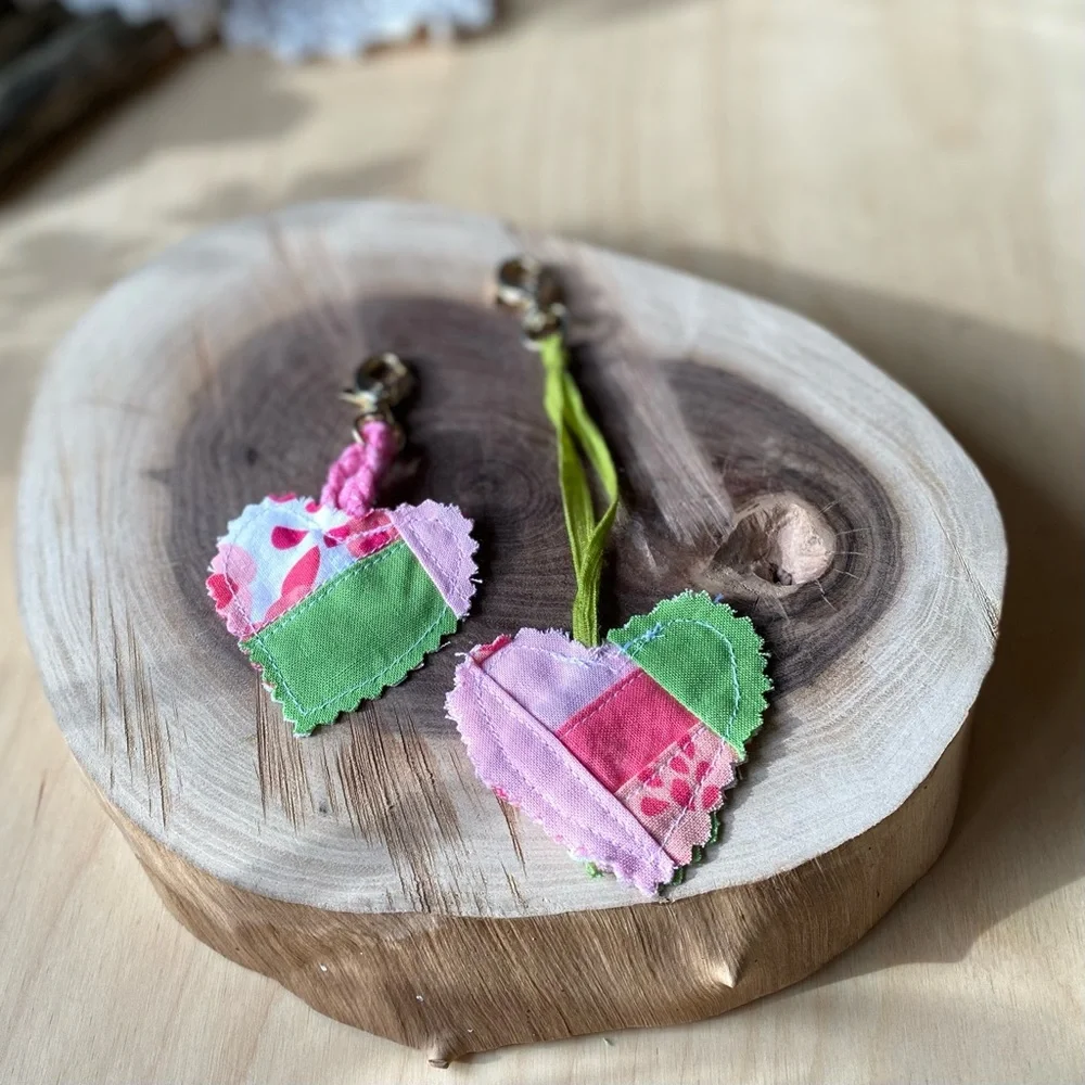 Cottagecore key and purse fob heart set pink and green floral abstract print