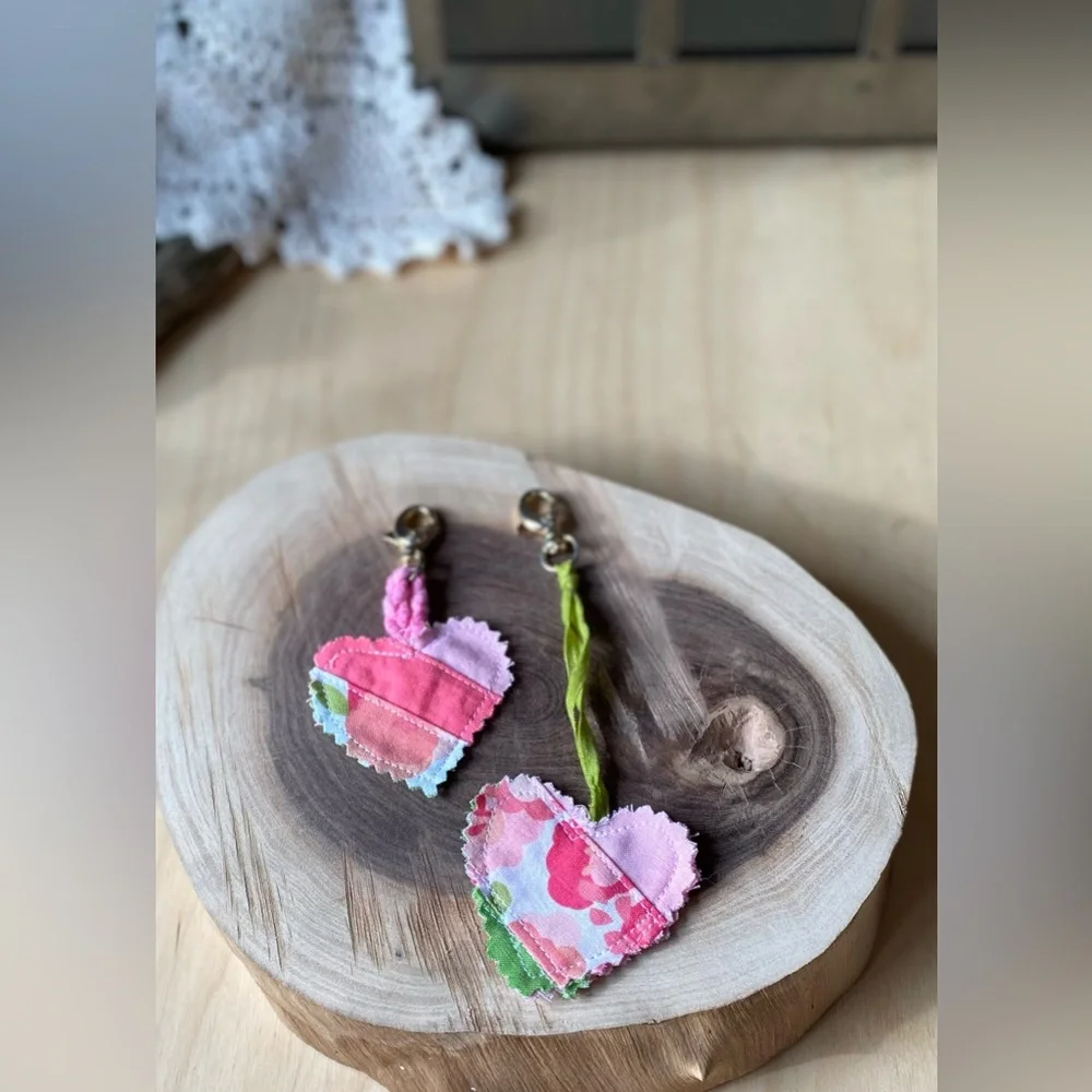 Cottagecore key and purse fob heart set pink and green floral abstract print