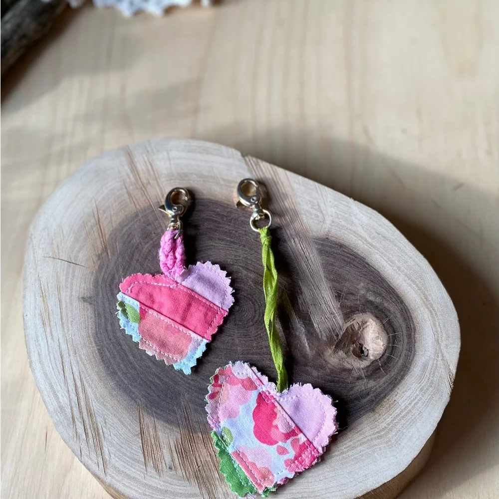 Cottagecore key and purse fob heart set pink and green floral abstract print