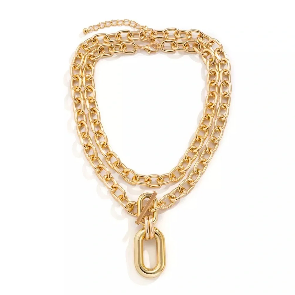 2pcs Zara Set Gold Double Interlock Oval Circle Link Chain Necklace