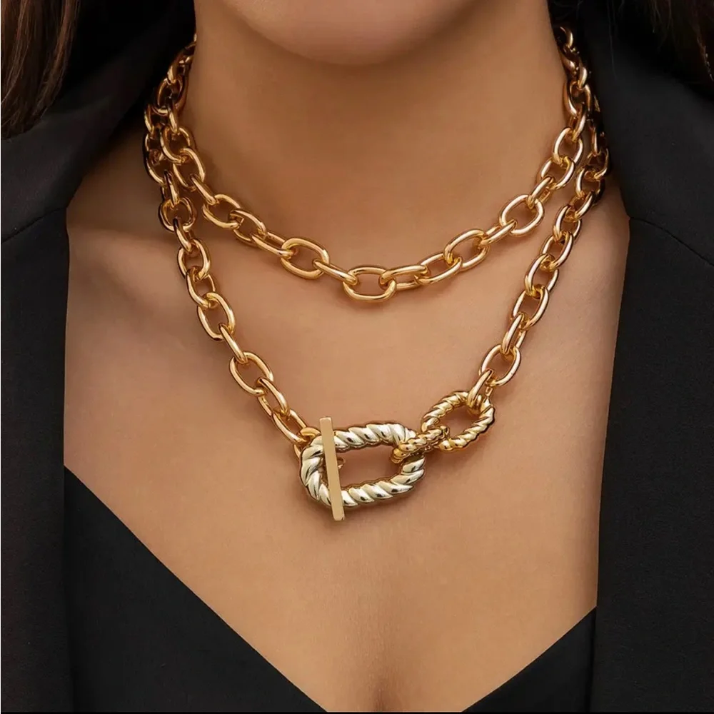 2pcs Zara Set Gold Double Interlock Oval Circle Link Chain Necklace