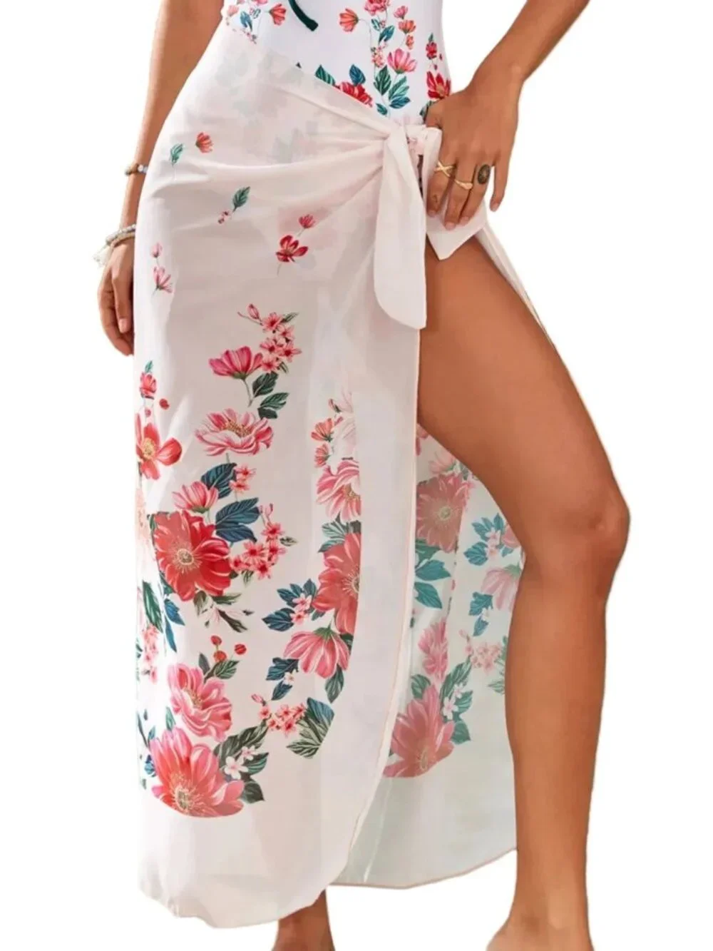 Bow Tie Keyhole One-Piece Swimsuit Matching Swimwear Sarong Wrap Cover Up Set