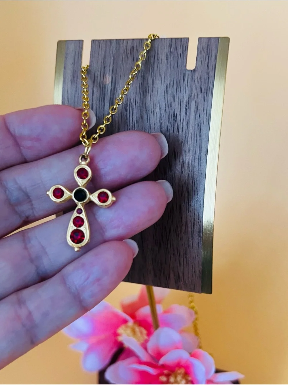 Gold Cross Pendant Necklace with Red Gemstones