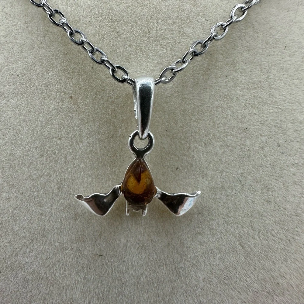 Silver and Amber Bat Pendant on Stainless Steel Chain
