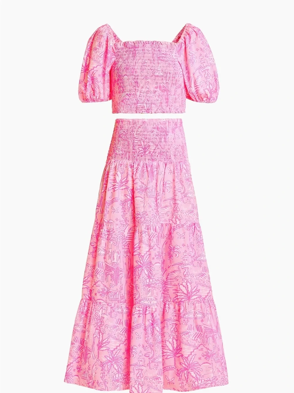 Lilly Pulitzer Pink Smocked Puff-Sleeve Crop Top & Maxi Skirt Set.
