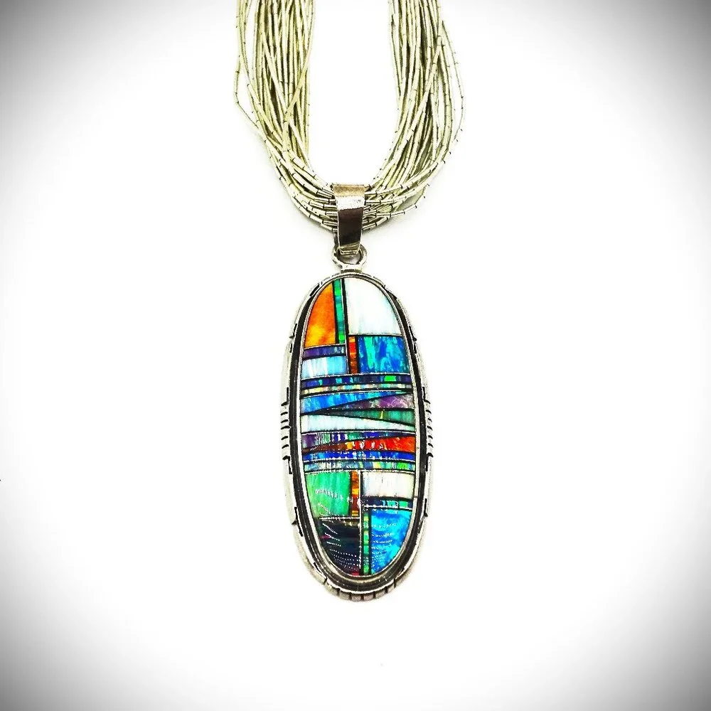 Multicolor Inlay Oval Pendant Necklace - Women Jewelry