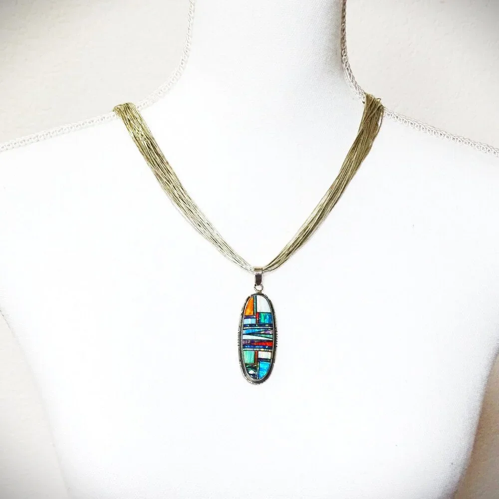 Multicolor Inlay Oval Pendant Necklace - Women Jewelry