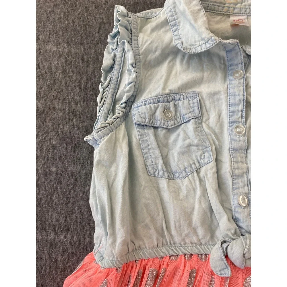 Justice Girls Denim and Coral Pink Tulle Glitter Polka Dot Dress Size 12