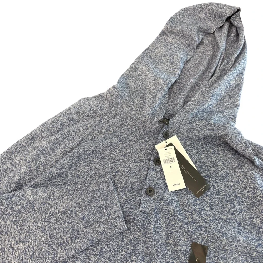 Banana Republic Mens Blue Marled Henley Knit Hoodie Sweater L NWT 486503-00-1