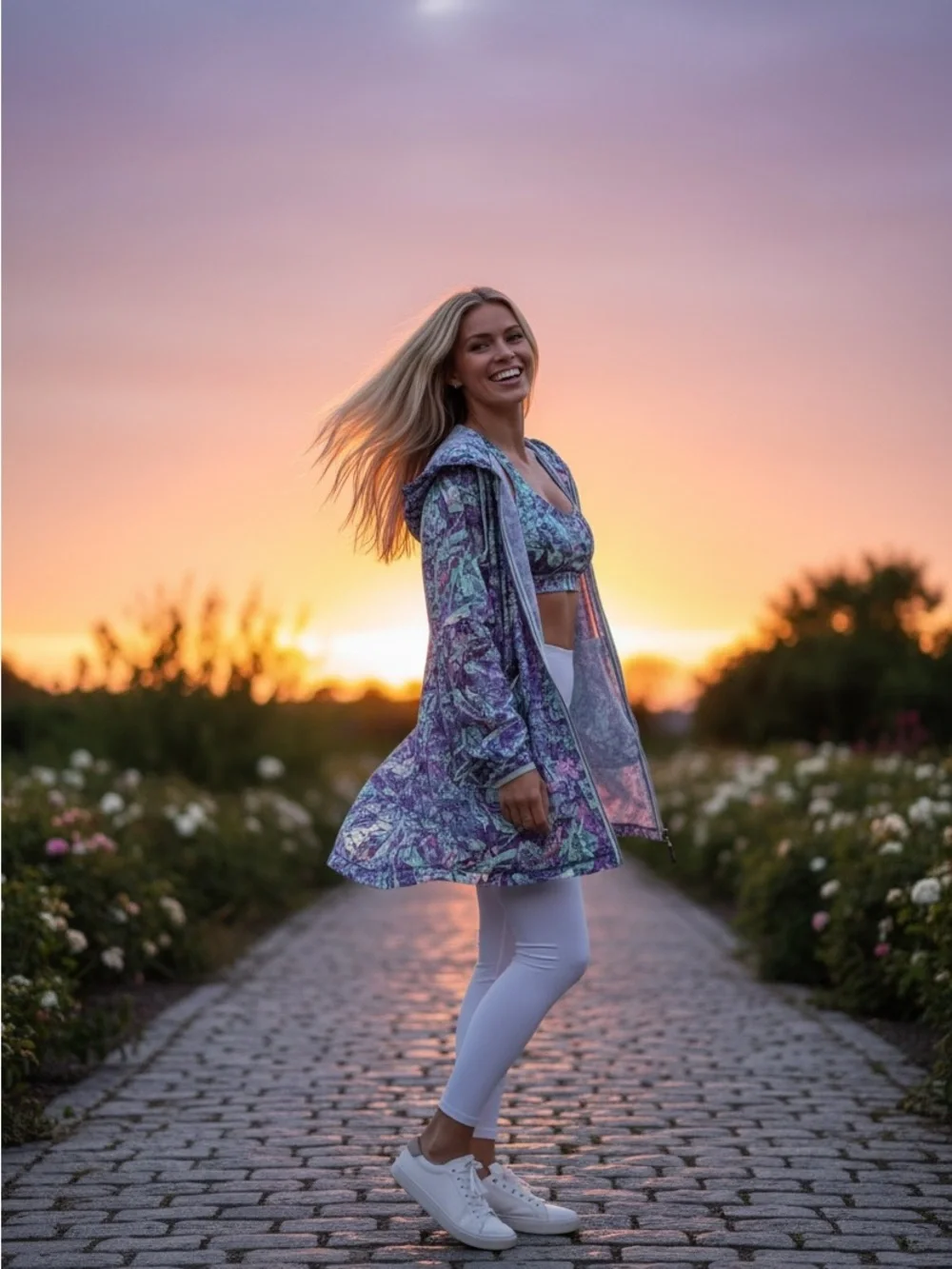 lululemon athletica Purple and Teal Marble-Print Lightweight Hooded Coat & Bra