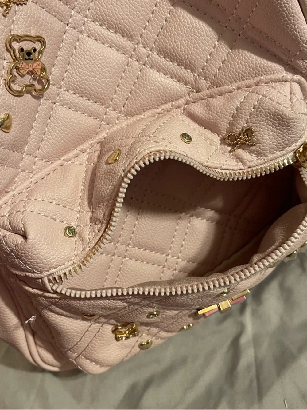 Under One Sky Baby Pink Quilted Mini Backpack Heart Bows and Teddy Bear Charms