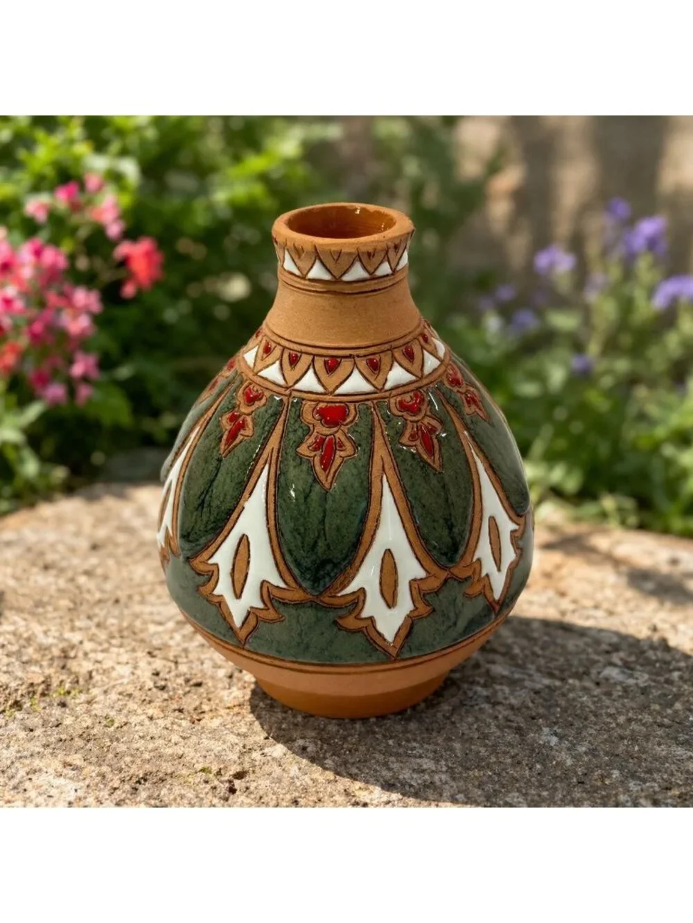 Vintage Bonis Pottery Greece Handmade Enamel Terracotta Clay Flower Vase