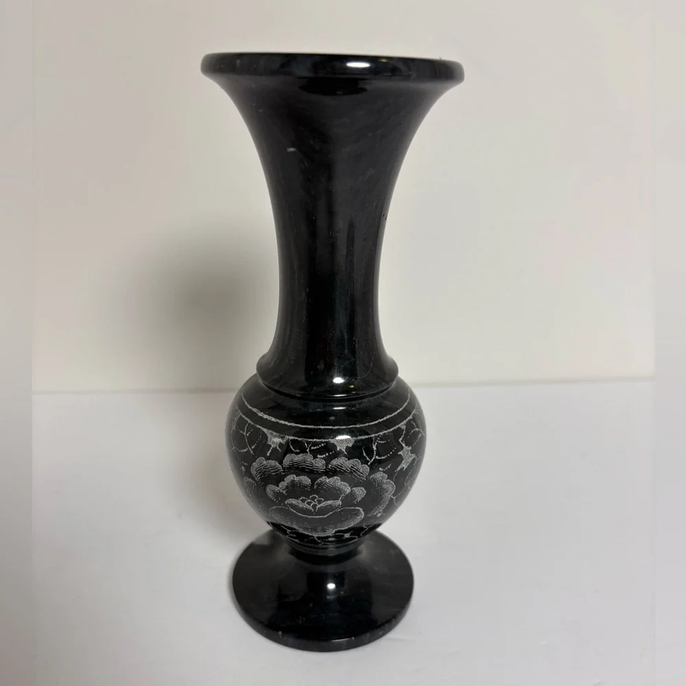 Vintage Marble Dark Gray Floral Etched Vase