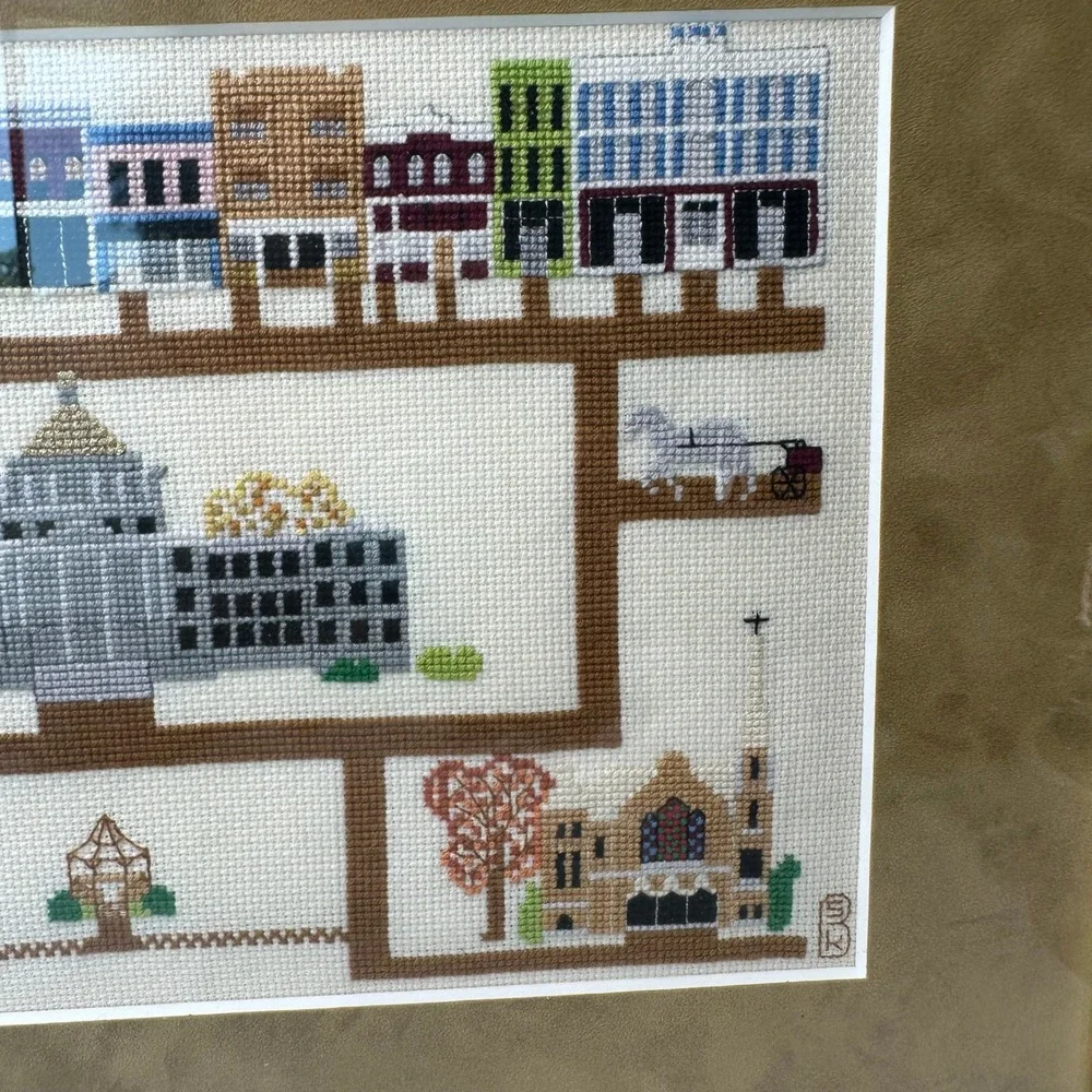 Vintage Framed Cross Stitch Sampler Town Map Americana Folk Art Burl Wood Frame