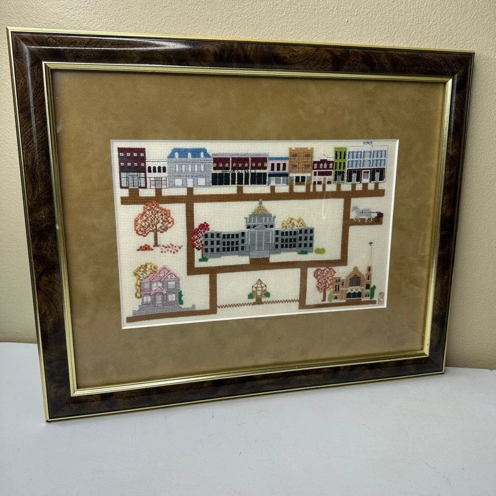 Vintage Framed Cross Stitch Sampler Town Map Americana Folk Art Burl Wood Frame