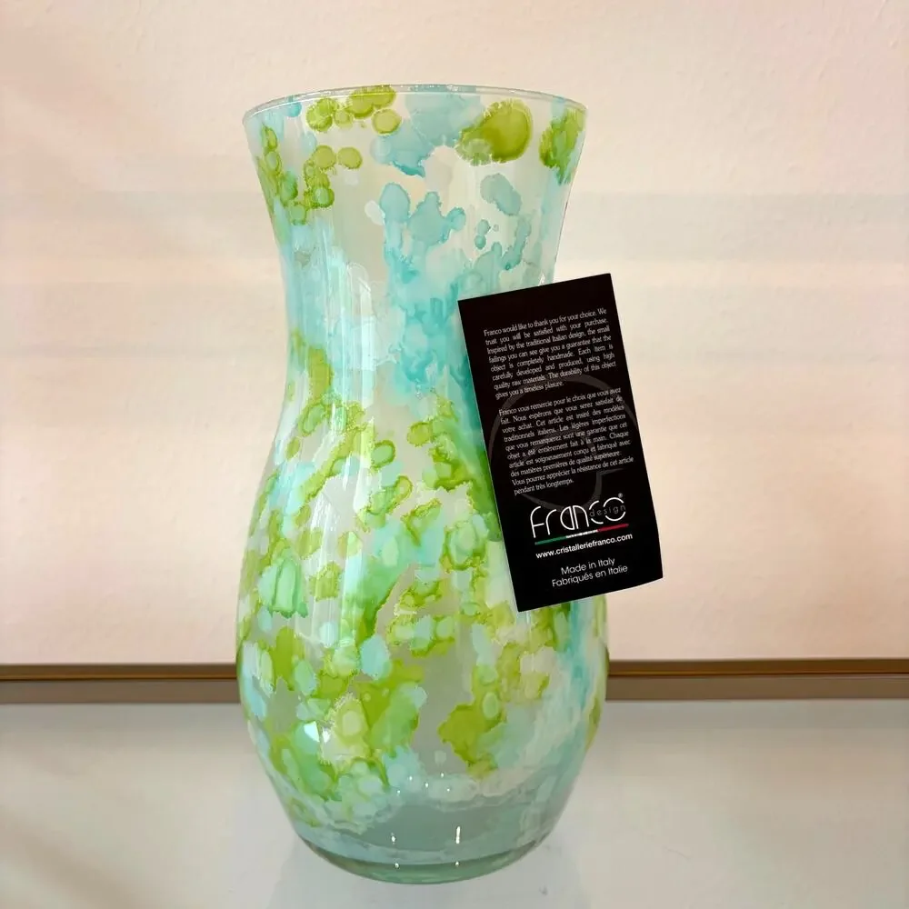 Franco Italy Murano Art Glass Vase 11.5in Pastel Blue & Green Speckled NEW