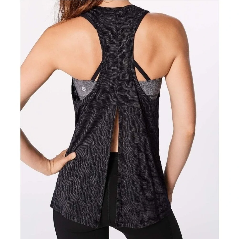 Lululemon 6 Miles Ahead Tank Black Camo Sheer Open Back Activewear W1ANGS