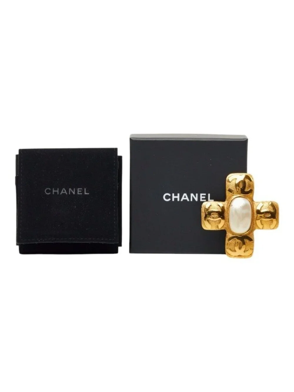 Chanel CC Logo Vintage Cross Brooch Gold Plated Faux Pearl