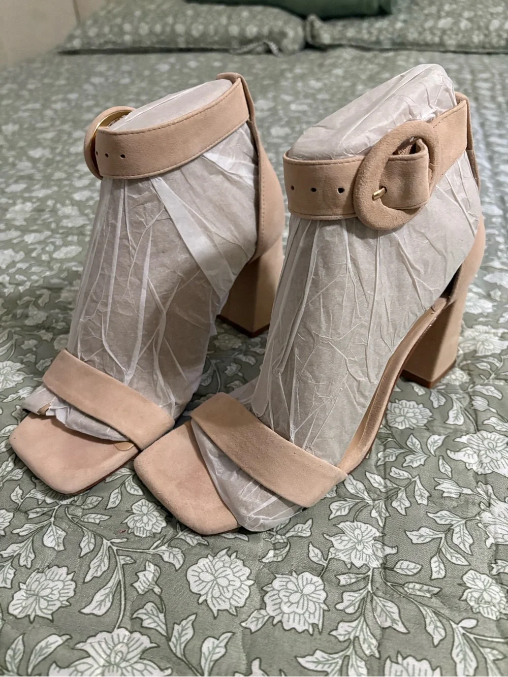 ANTONIO MELANI Blush Tan Block Heel Ankle-Strap Sandals