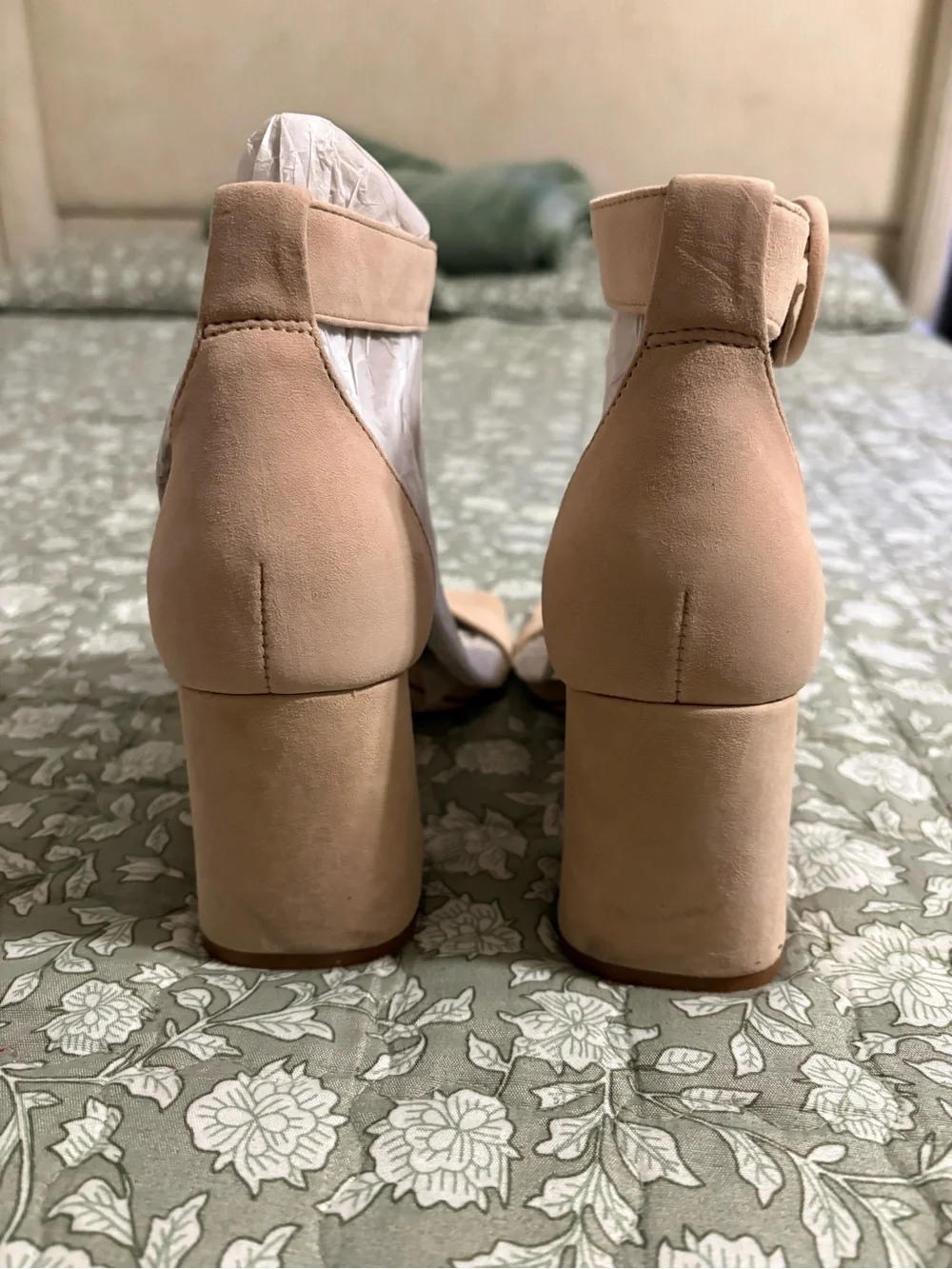ANTONIO MELANI Blush Tan Block Heel Ankle-Strap Sandals