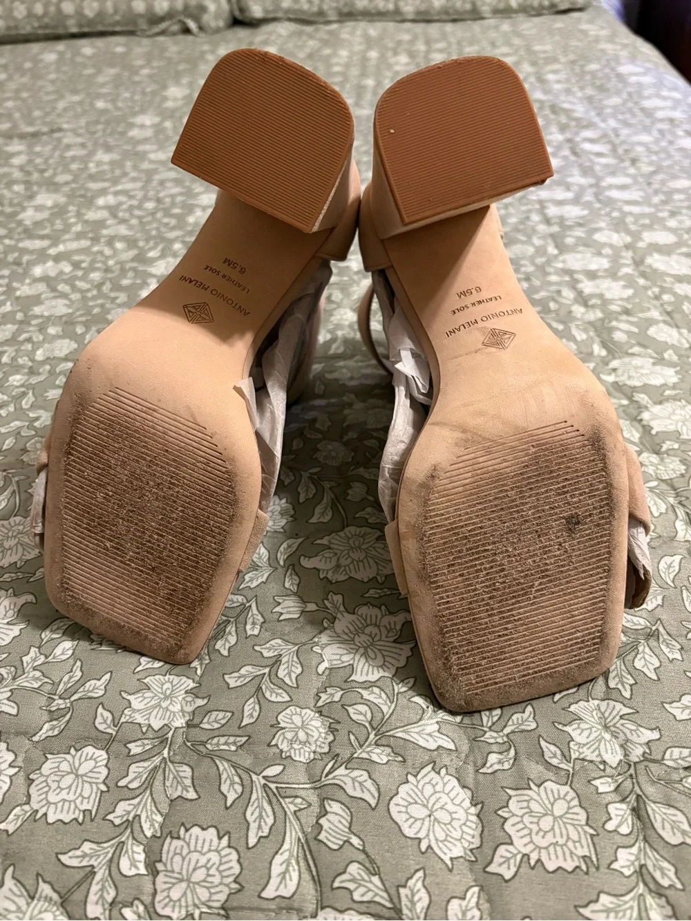 ANTONIO MELANI Blush Tan Block Heel Ankle-Strap Sandals