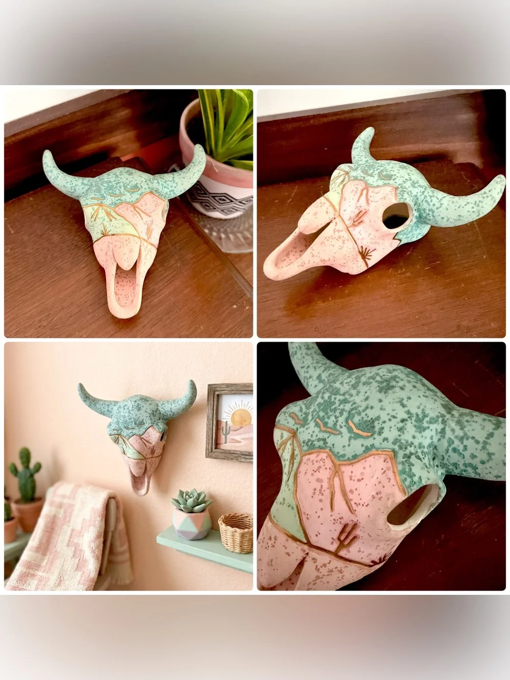 Southwest Native Ceramic Cow Bull Buffalo Skull Small Wall Hanging Sculpture Vtg
