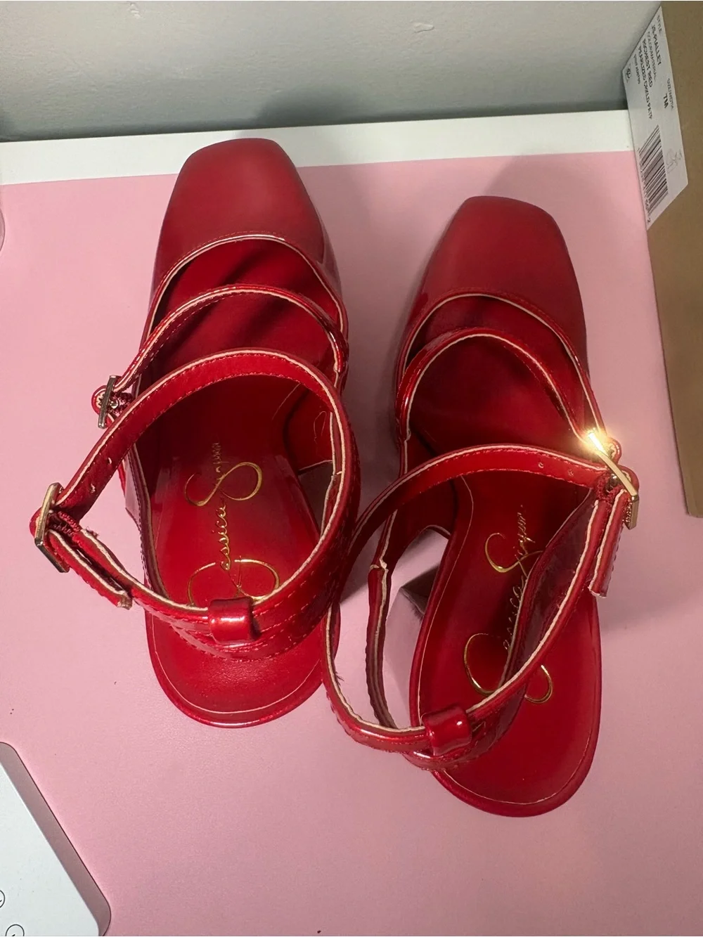 NIB Jessica Simpson Pialley Red Patent Platform Mary Jane Heels with Ankle Strap
