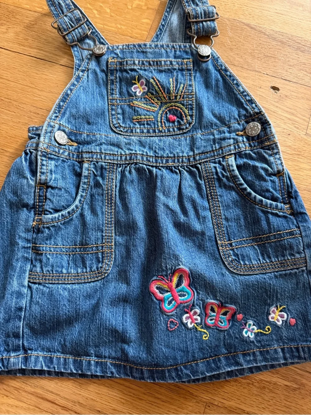 Vintage Denim Embroidered Butterfly Overall Dress for Kids - Blue